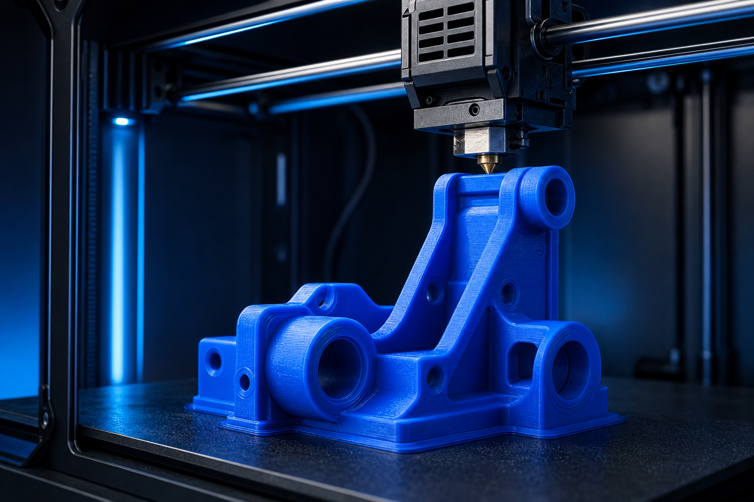 Blue functional bracket being manufactured in an FDM 3D printer